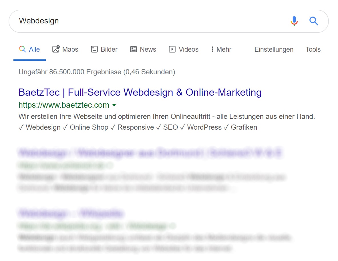 Google Screenshot zum Suchergebnis Webdesign BaetzTec